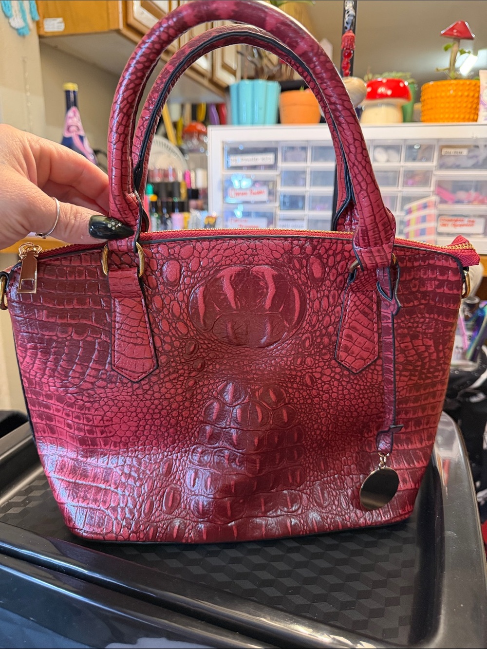 Croc-Embossed Red Tote Handbag